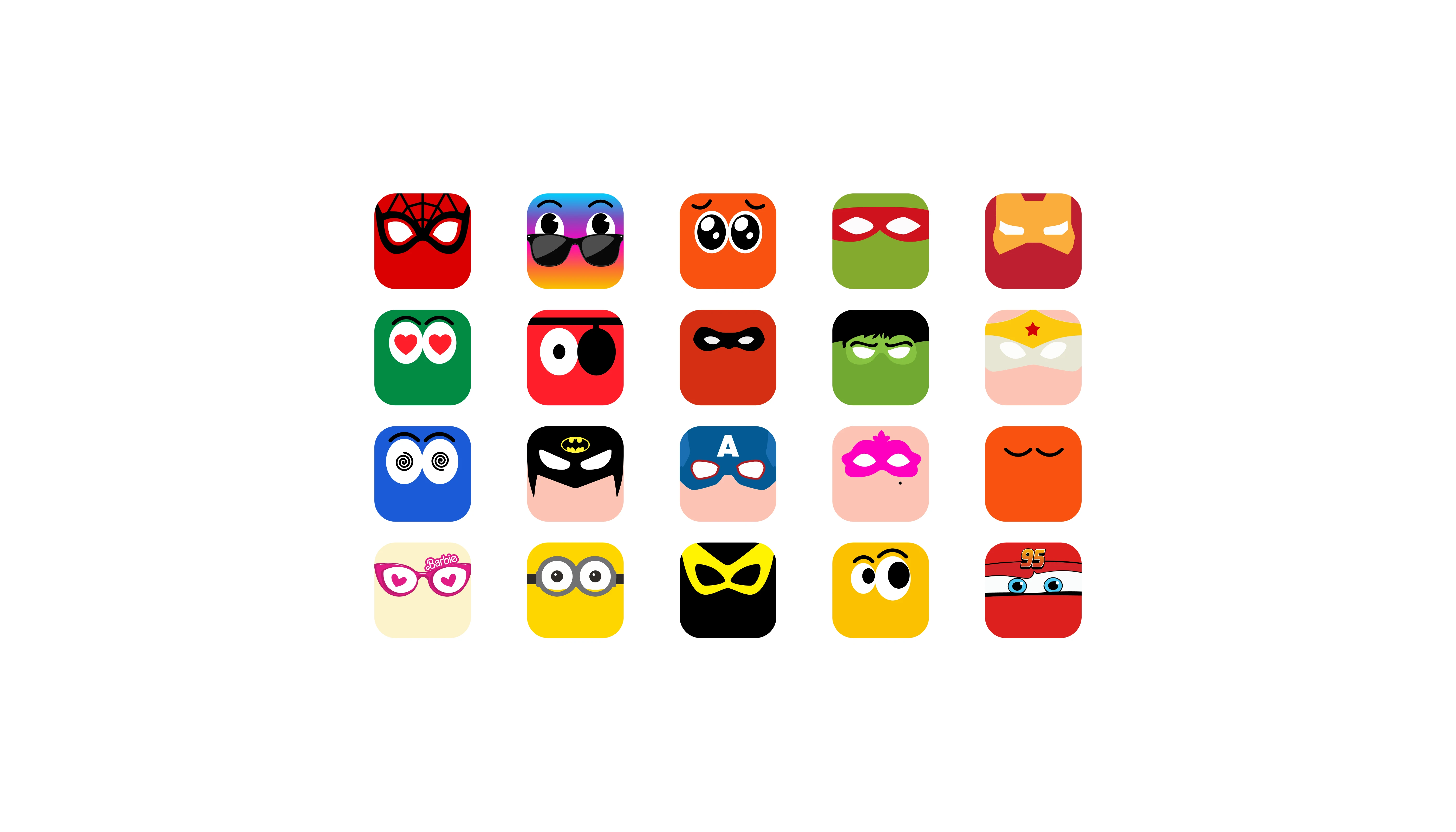 Grid of twenty custom avatar icons with various pop culture character masks.