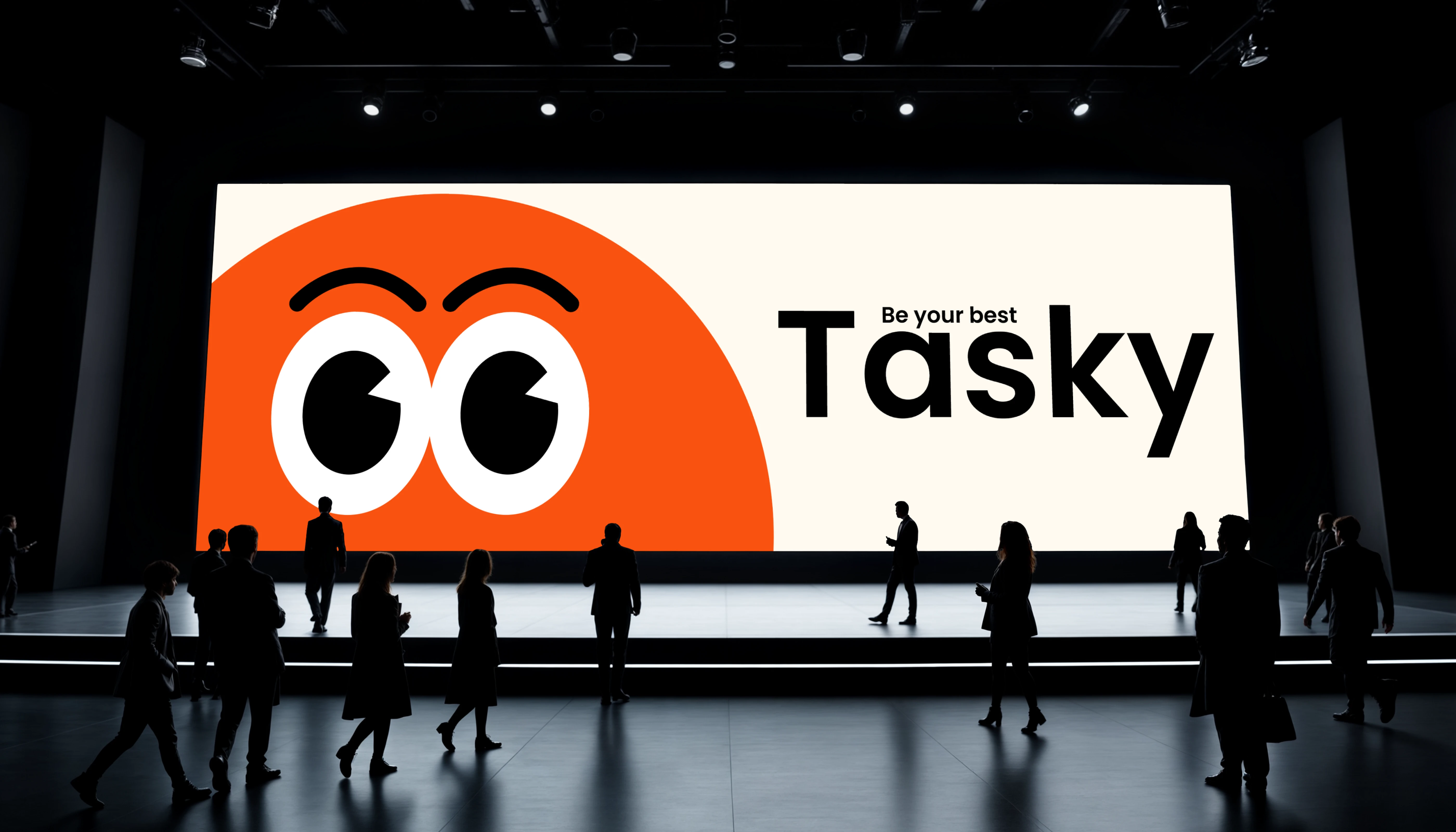 Large presentation stage screen displaying the Tasky logo with walking businesspeople in silhouette.