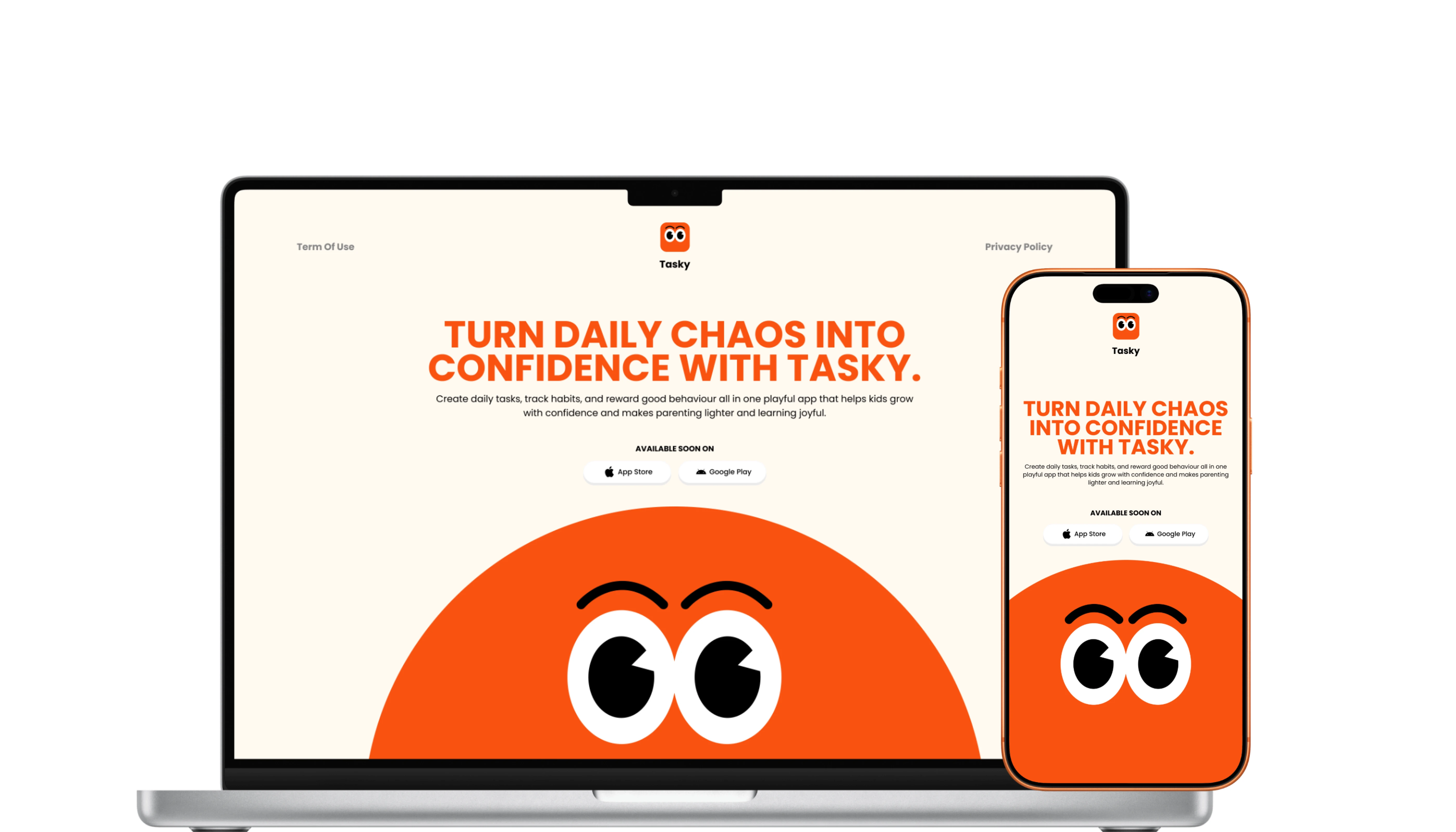 Laptop and smartphone mockups displaying the Tasky marketing landing page.