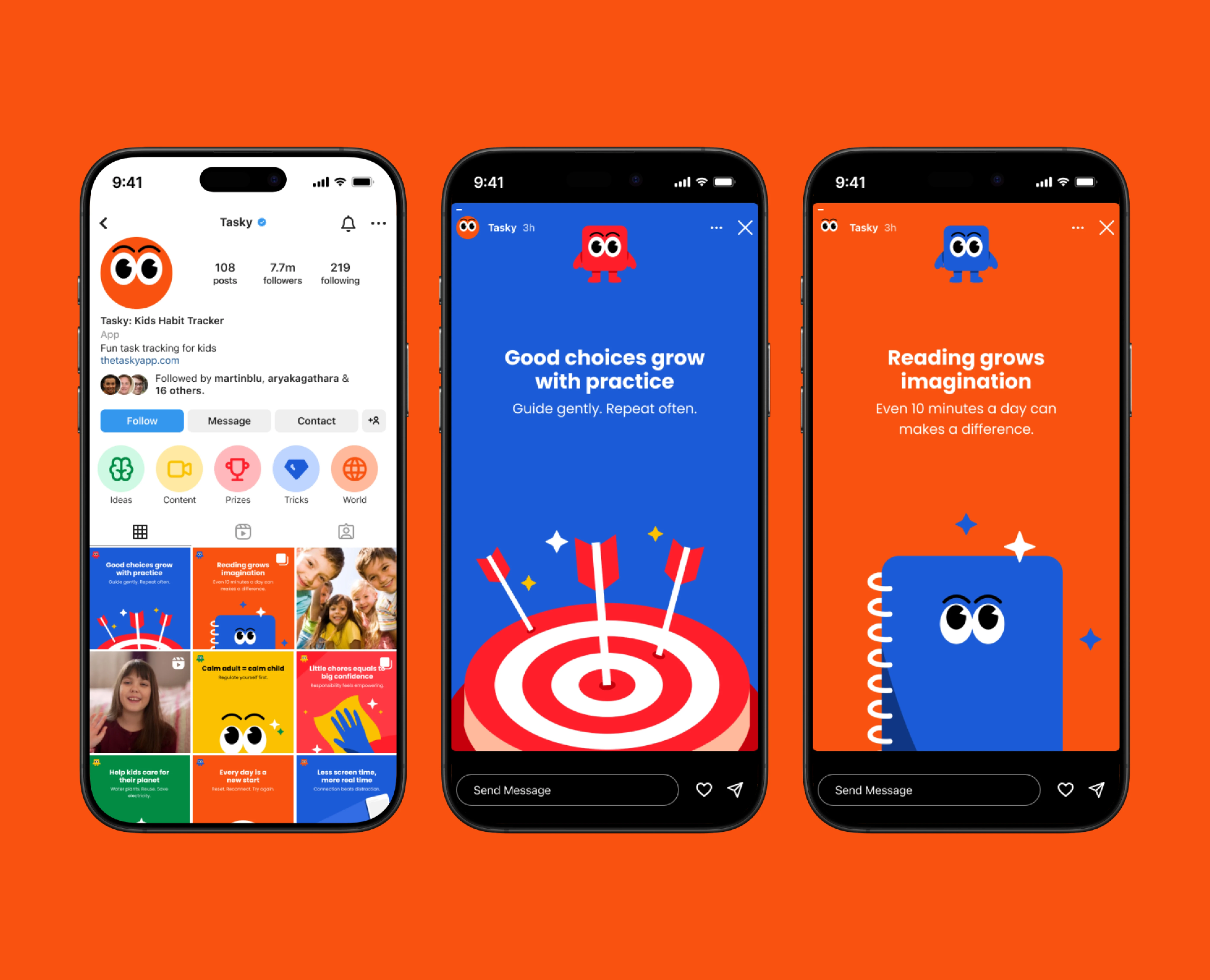 Three smartphone mockups showcasing Tasky's Instagram profile feed and stories.