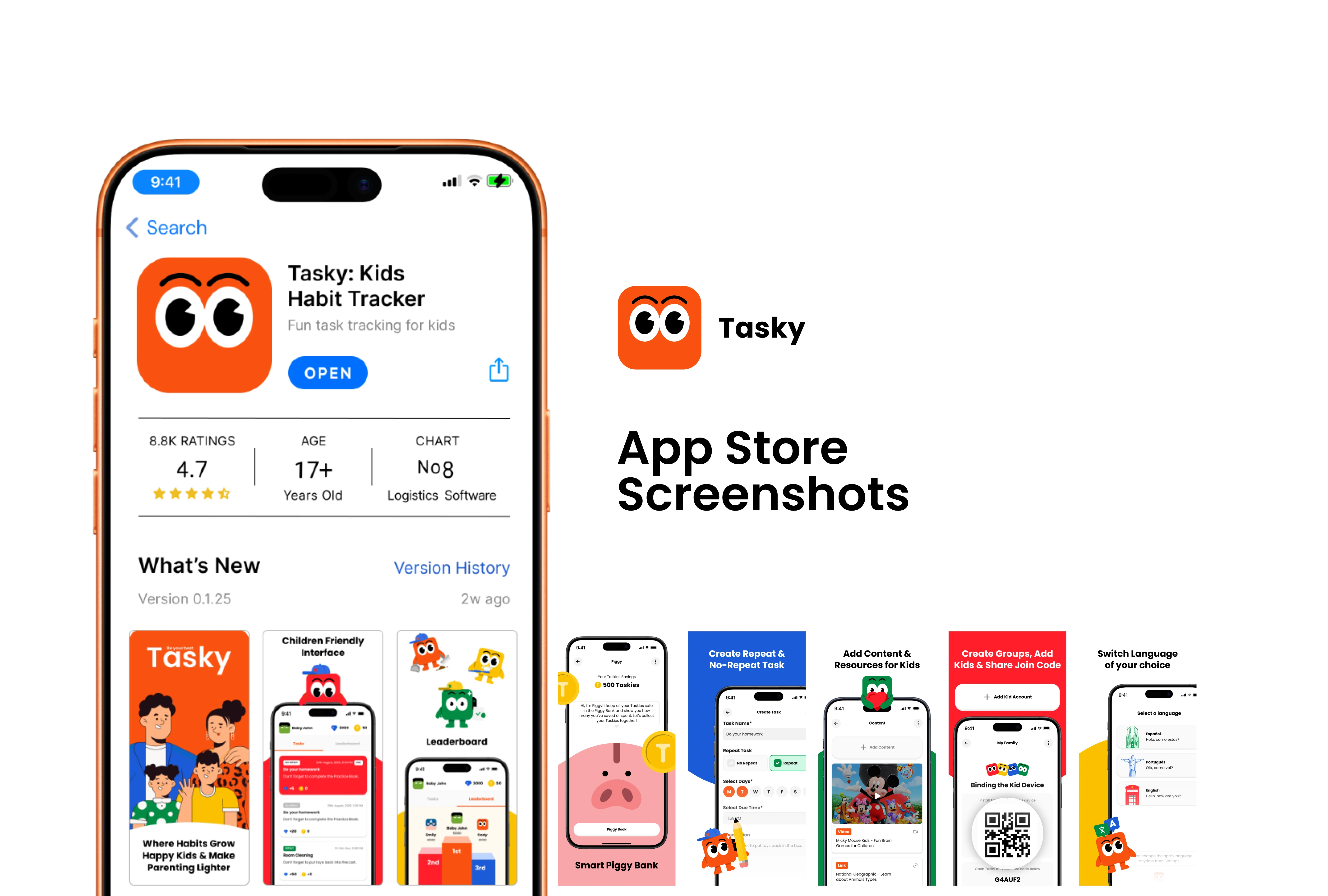 App Store listing mockup with various feature promotion screenshots.