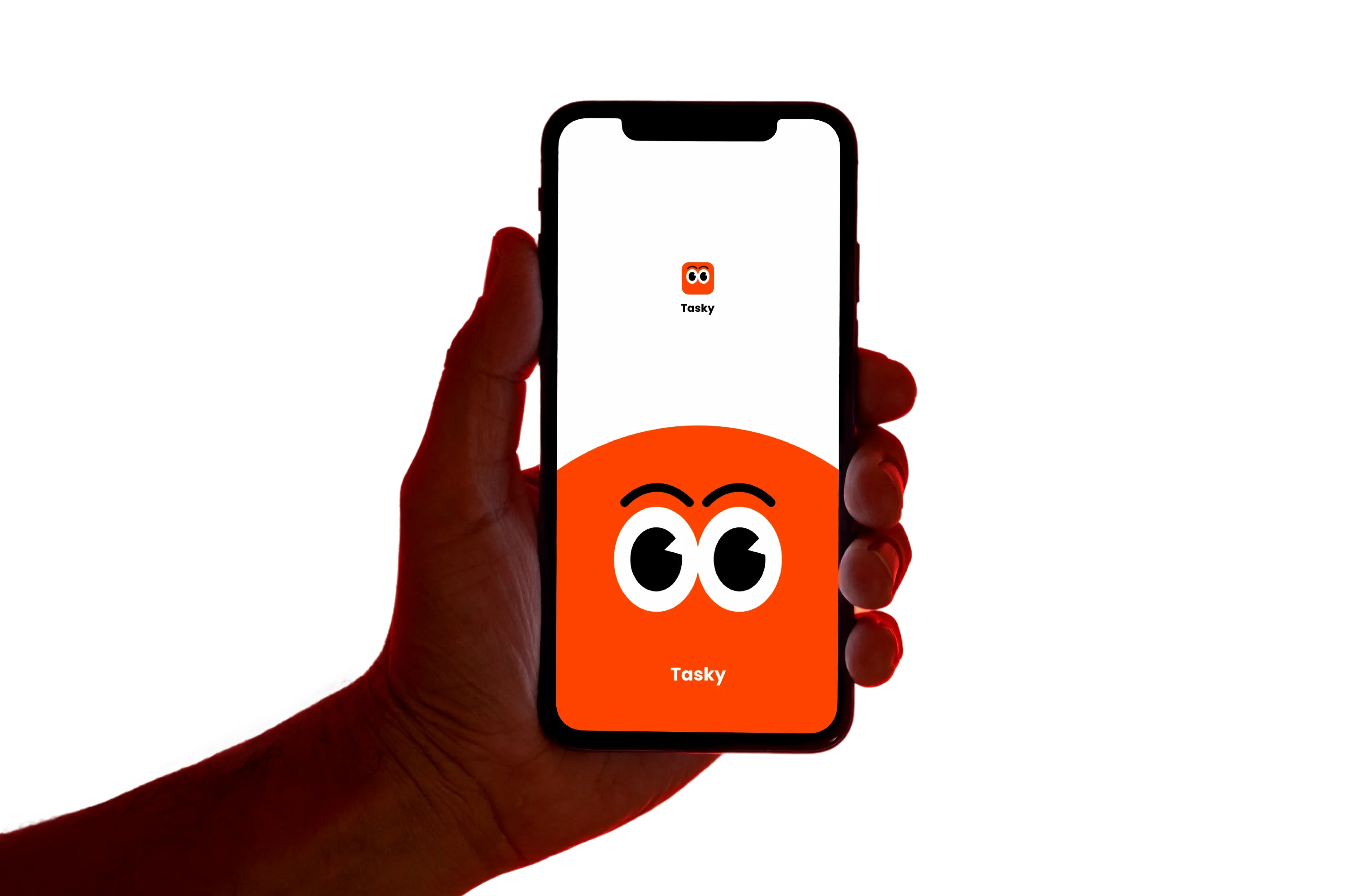 Hand holding a smartphone displaying the Tasky app launch splash screen.