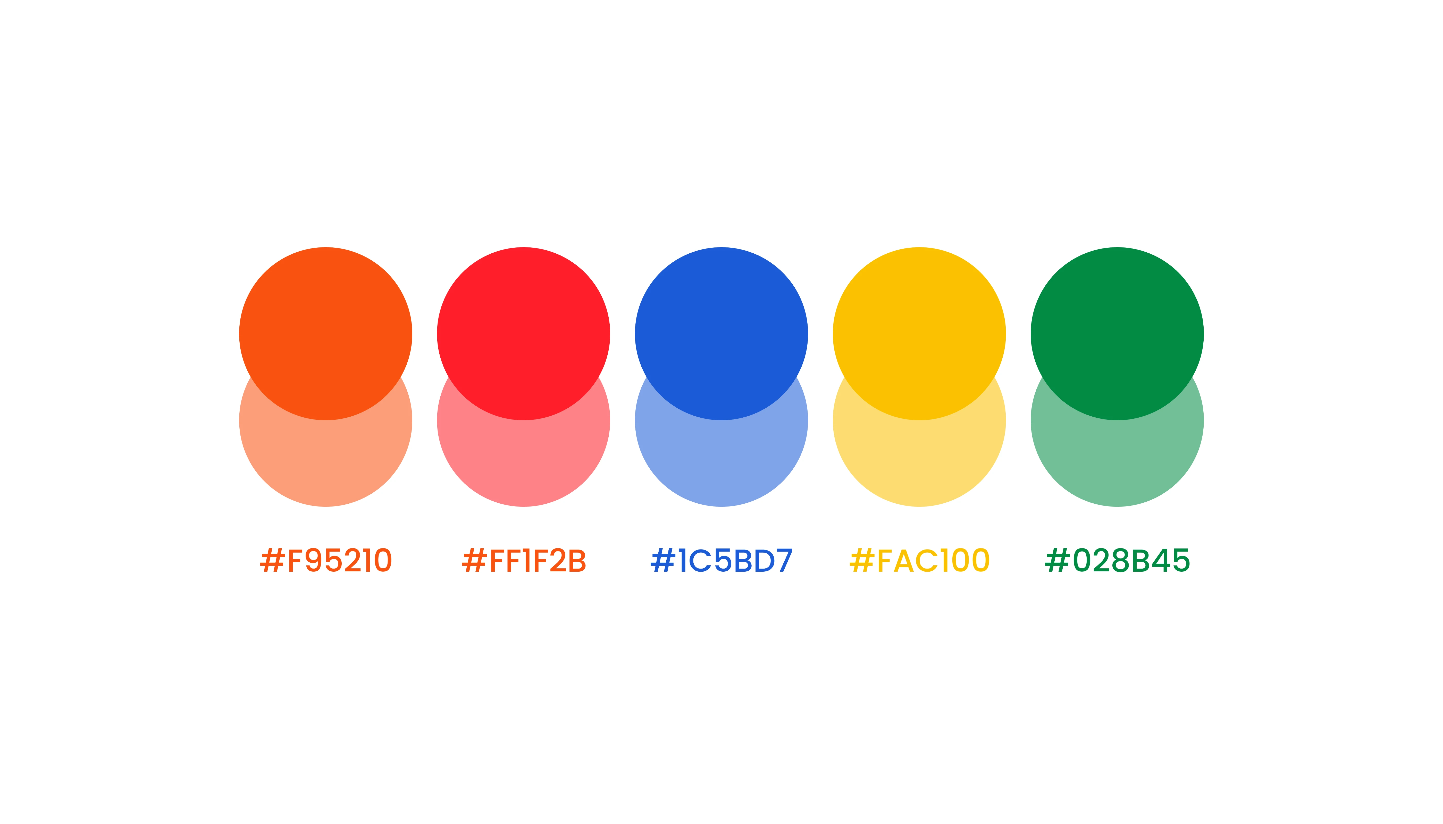 Color palette swatches with hex codes for orange, red, blue, yellow, and green.