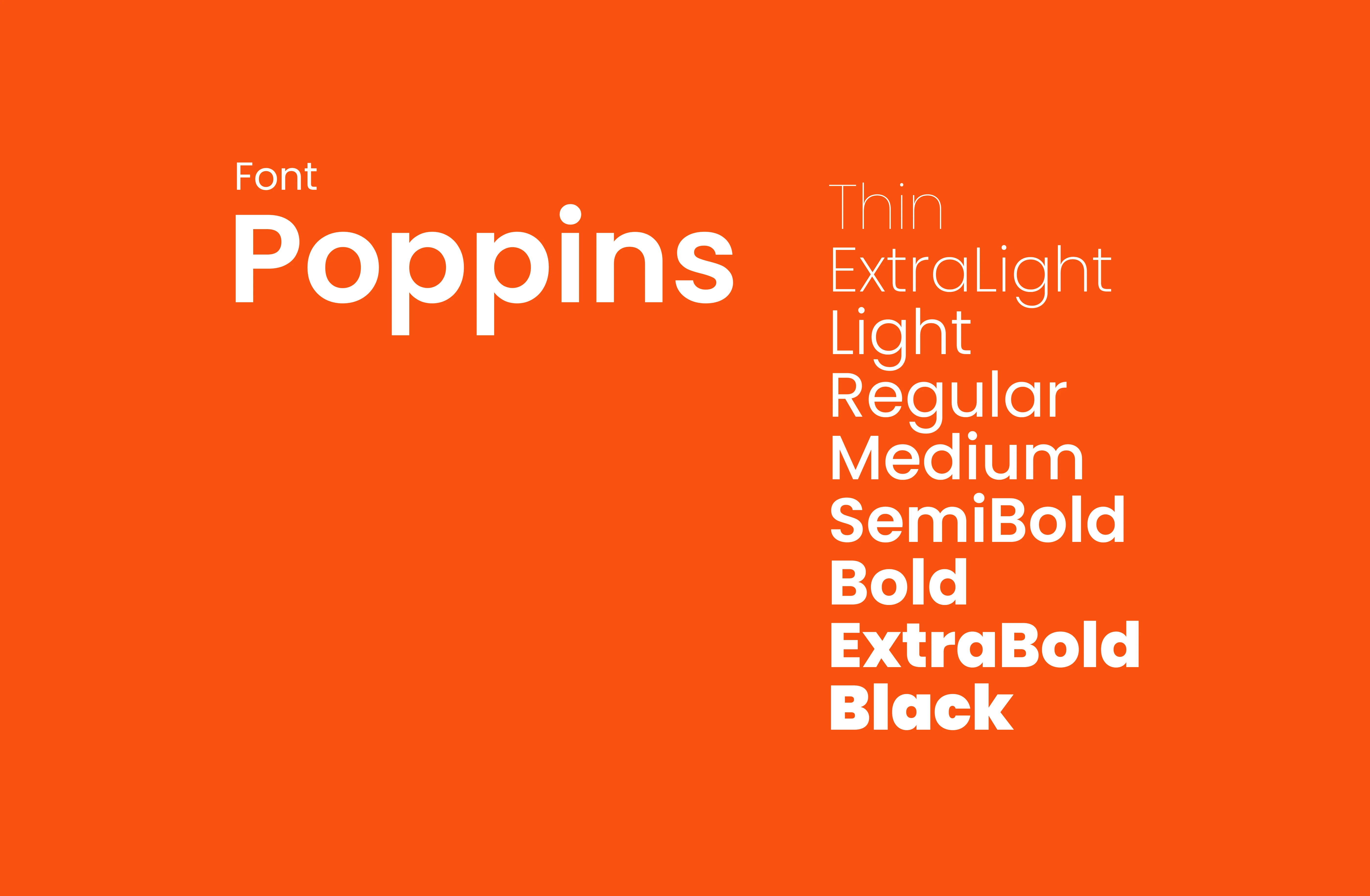 Poppins typography specimen sheet showing thin to black weights on an orange background.
