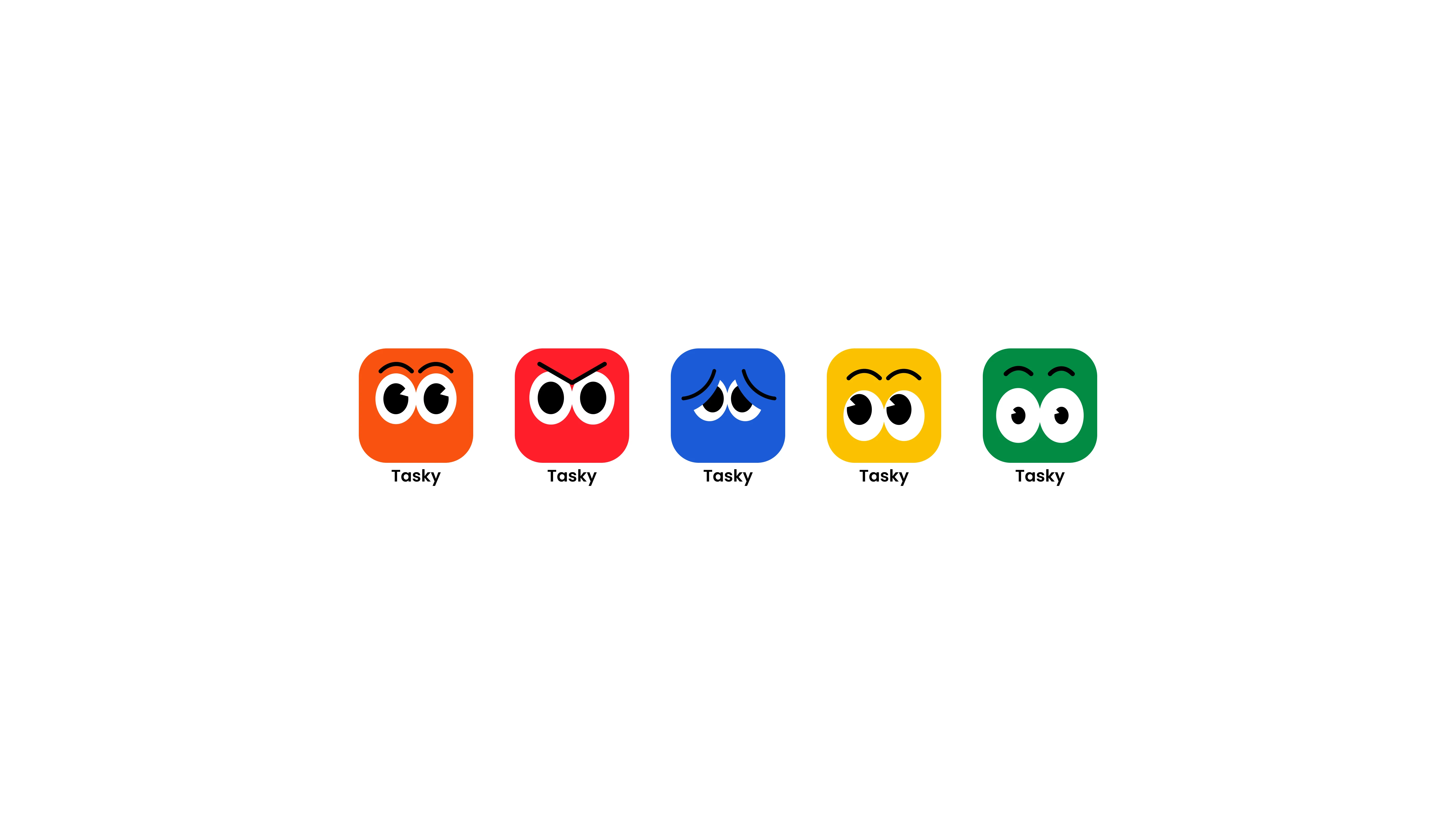 Five color variants of the Tasky mascot displaying different expressions from happy to sad.