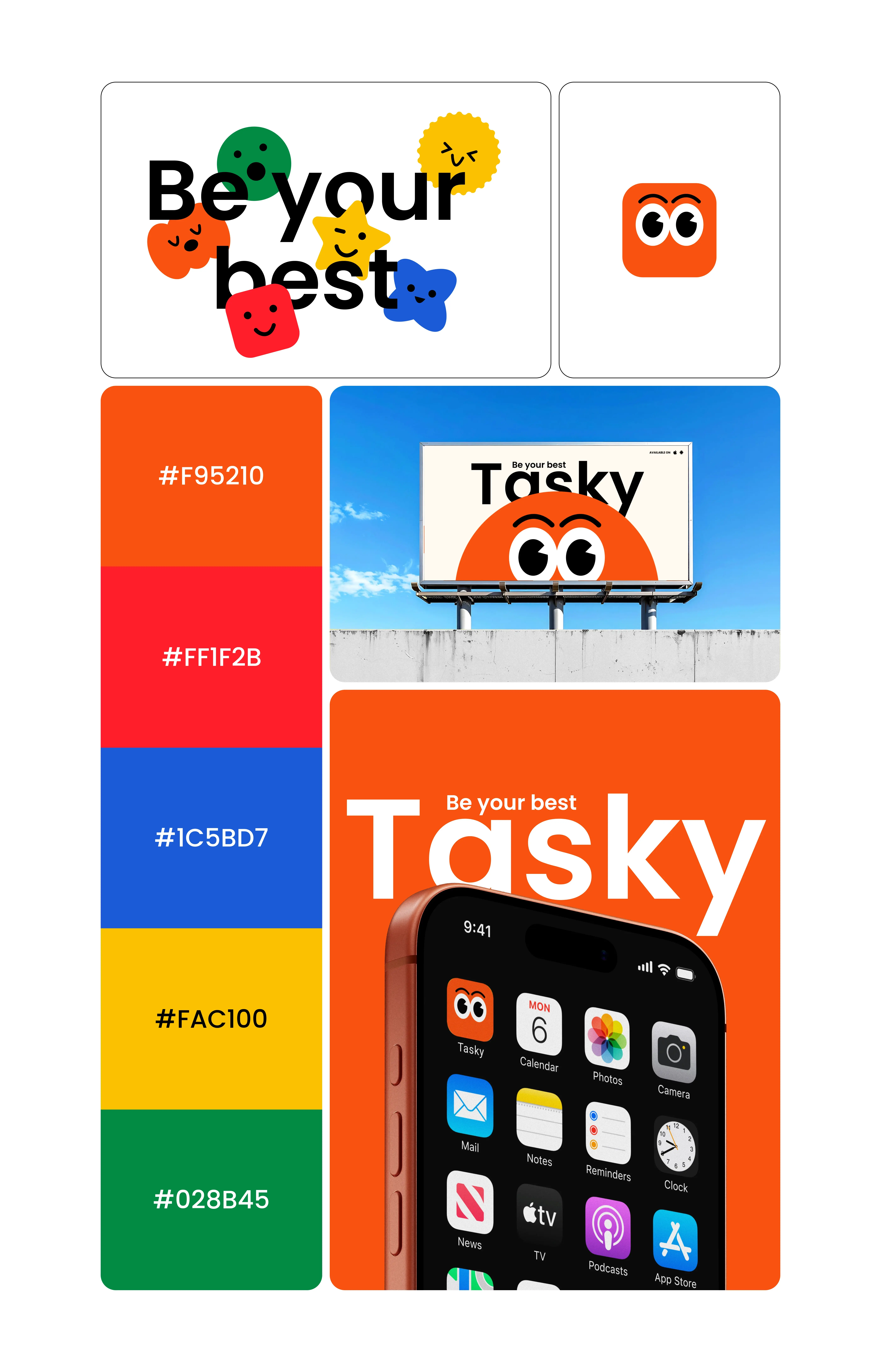 Brand identity grid showing stickers, logos, billboards, and mobile home screens.