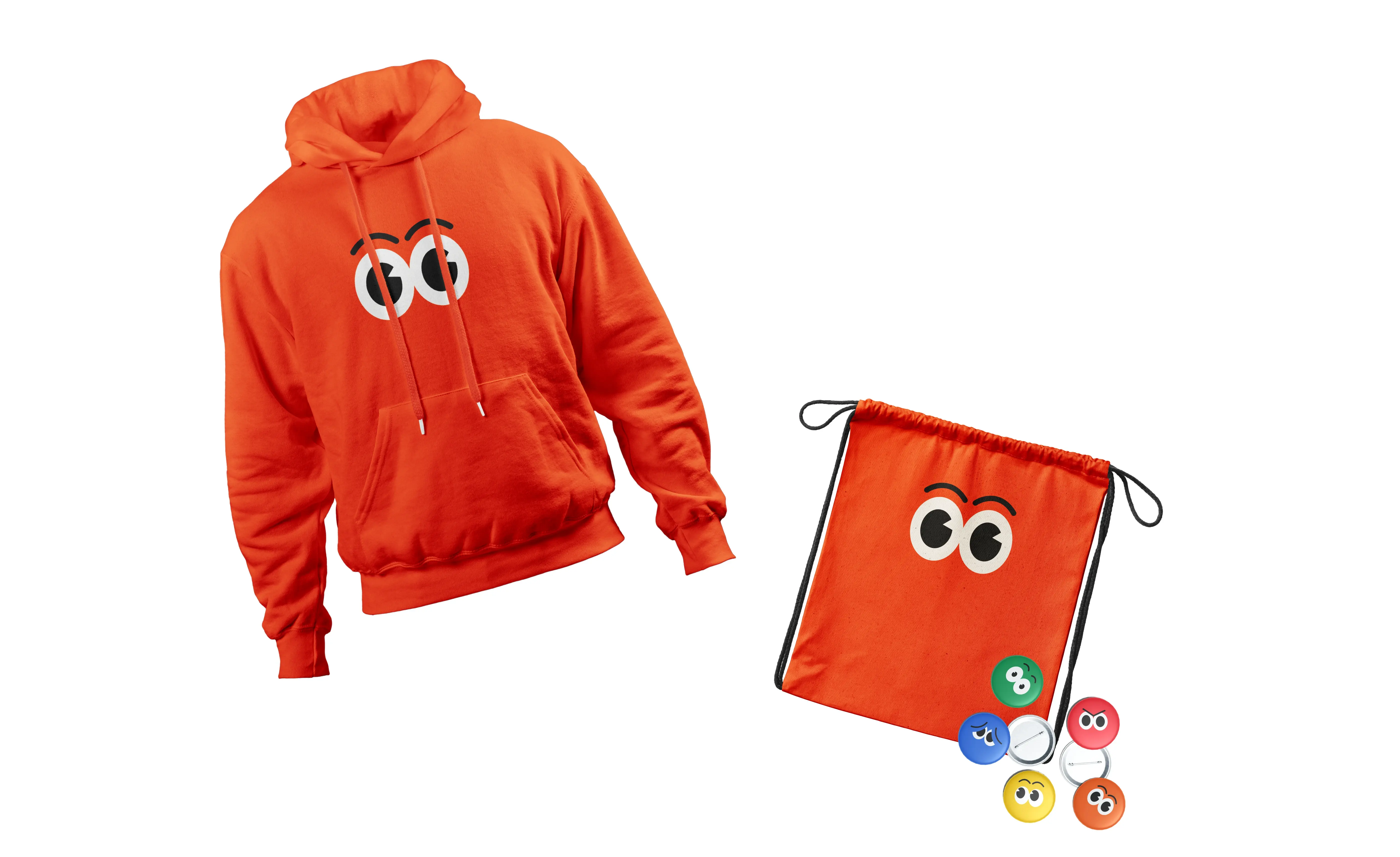 Tasky branded merchandise including an orange hoodie, drawstring bag, and pin badges.
