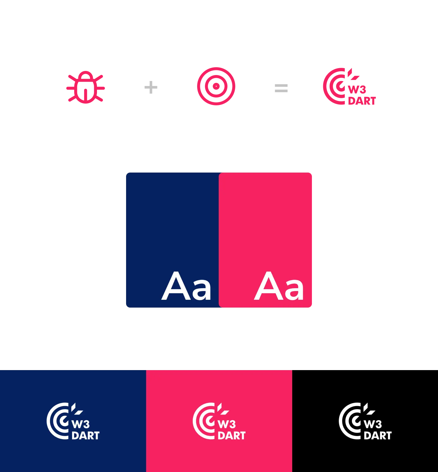 W3Dart branding elements showing the logo icon construction, color palette swatches in pink and dark blue, and typography.