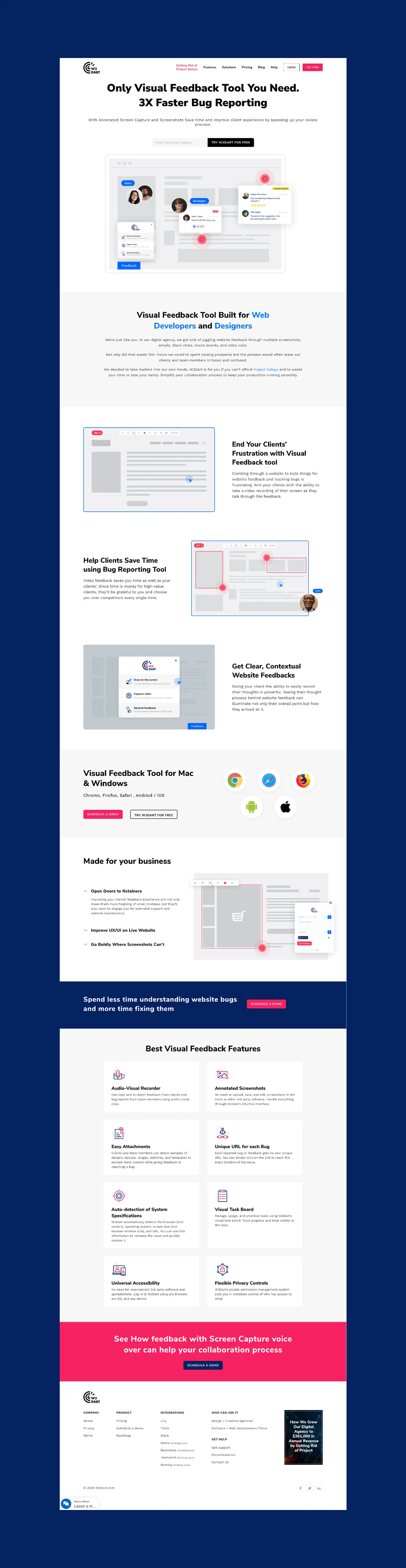 Full-page screenshot of the W3Dart website homepage, detailing its features as a visual feedback and bug reporting tool for web developers and designers.