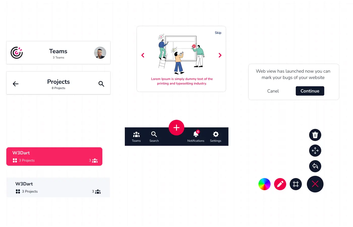 A collection of user interface components and elements for the W3Dart application, including navigation bars, buttons, and annotation tools.