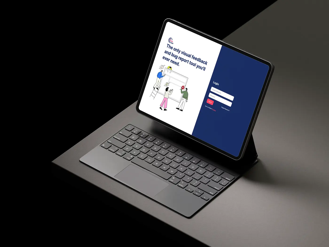 A realistic mockup of an iPad Pro with a keyboard, displaying the W3Dart login screen interface.