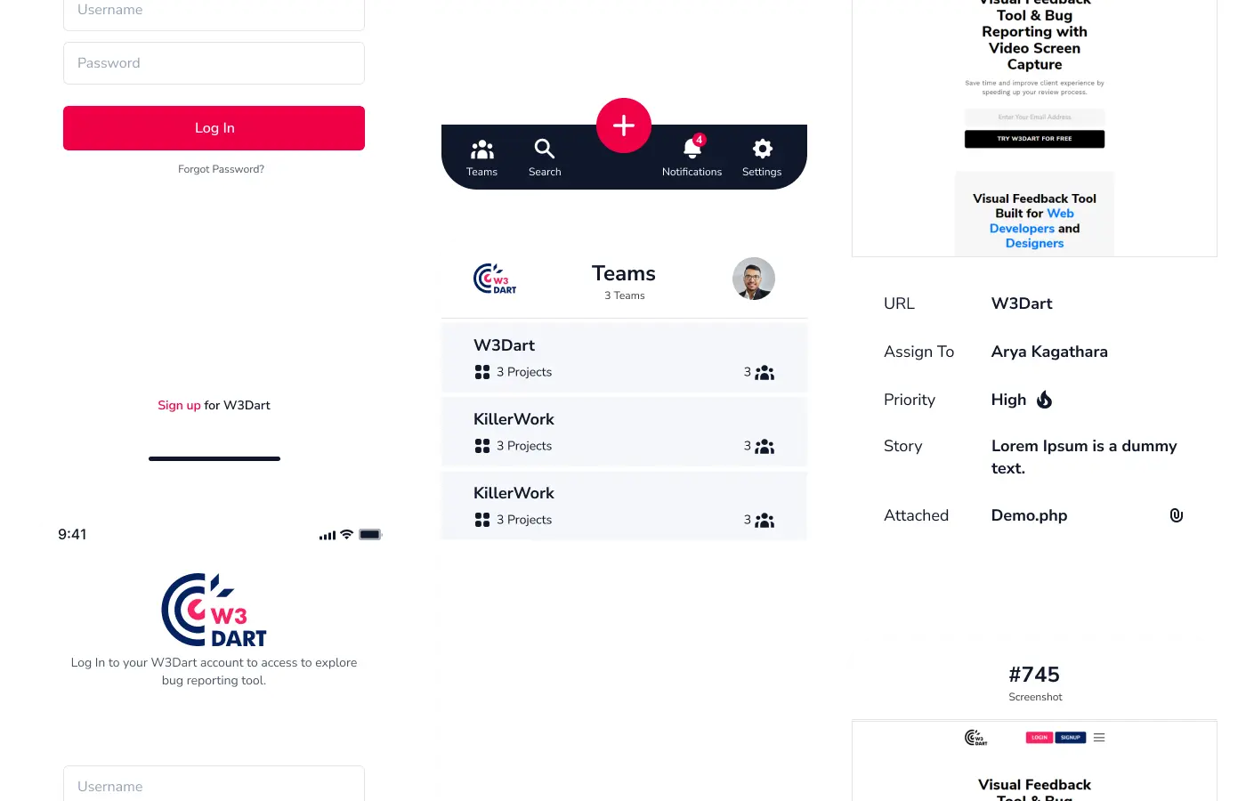A collage of mobile application screens for W3Dart, showing the login page, teams dashboard, project list, and a detailed bug report view.